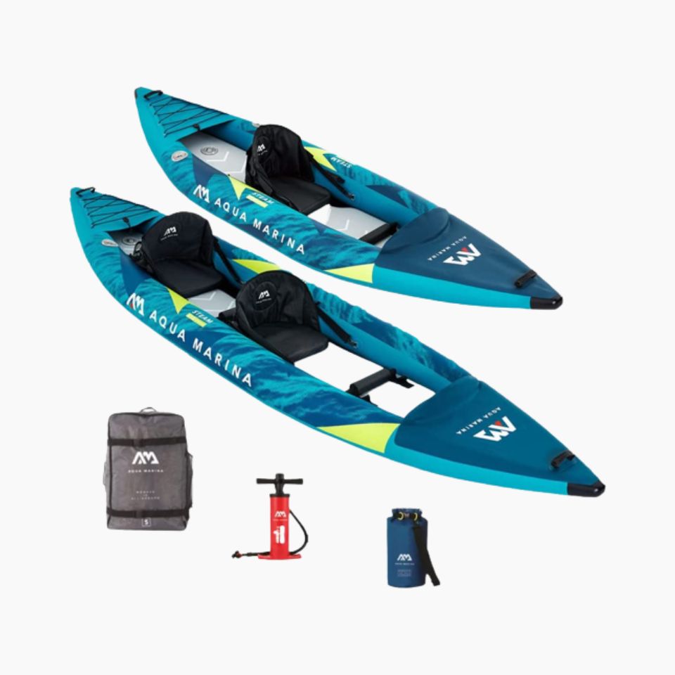 Aqua Marina Steam inflatable sea kayak and outfitting (backpack and pump).