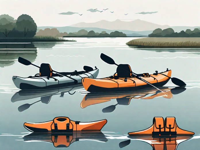 A variety of life jackets floating on a calm river with a kayak and the uk countryside in the background